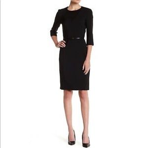 HUGO BOSS Black Diabina Leather Belted Wool Blend Sheath LBD Dress size 10